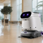 A commercial cleaning robot working across an open hotel lobby floor in Malta