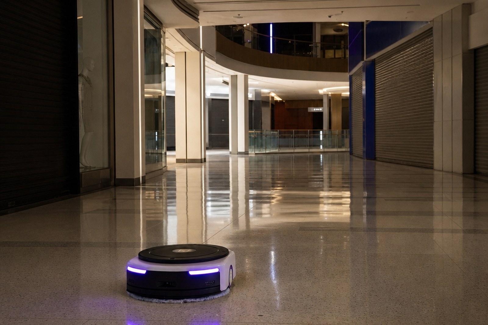 A floor cleaning robot working an empty mall concourse after hours