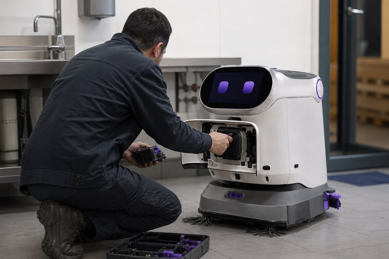 A technician servicing a cleaning robot on site in Malta