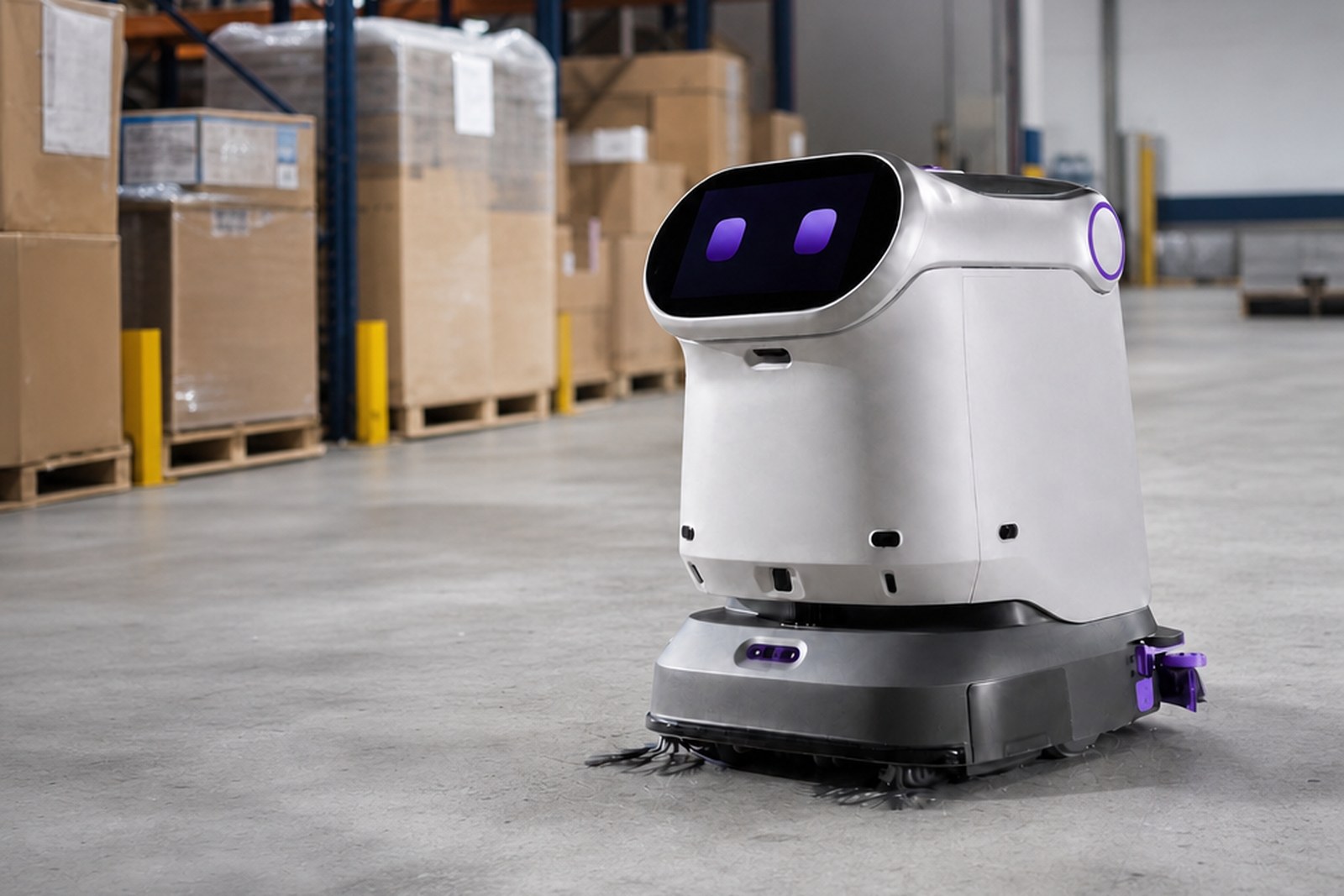 A cleaning robot running a mapped route along a warehouse floor